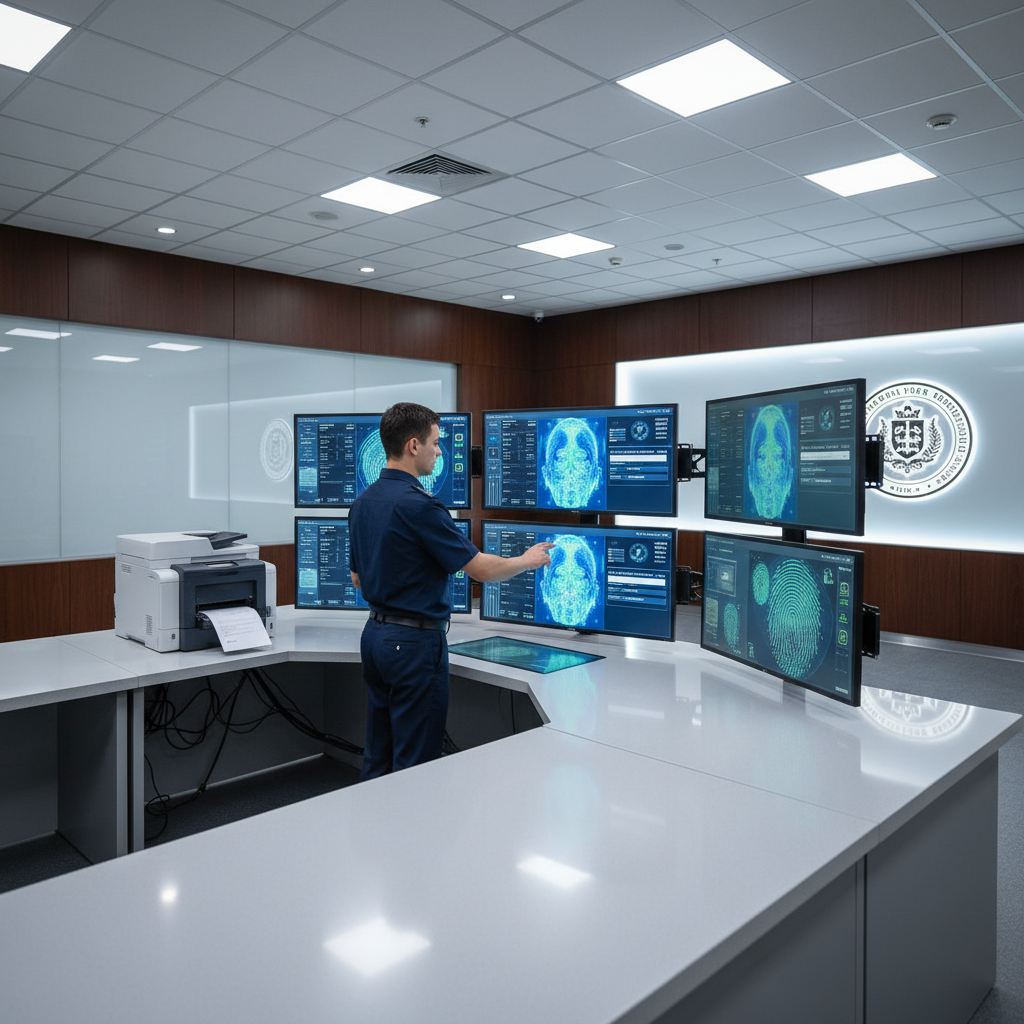 Secure government document issuance system with biometric verification screens in a professional institutional setting